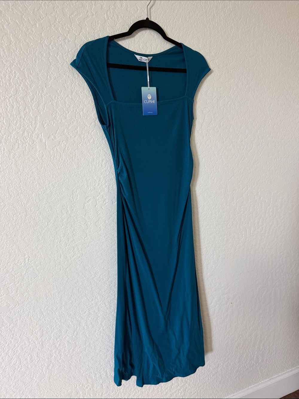 Cupshe Teal Square-Neck Cap Sleeve Maxi Dress
